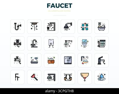 Thoughtfully designed 24 vector icons themed around Faucet, crafted in LineFill with 128x128 PIXEL perfect precision for contemporary design needs. Stock Vector