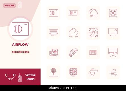 Industry-leading pack of 16 Thin Line PIXEL perfect vector icons for Airflow, sized at 128x128 for optimal rendering and user interface excellence. Stock Vector
