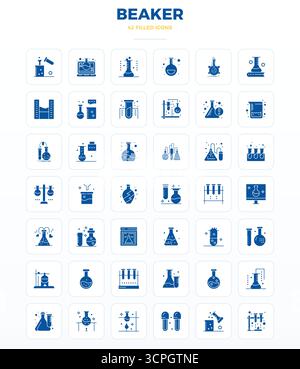 Streamlined set of 42 vector icons for Beaker in SolidFill aesthetic, featuring 128x128 PIXEL perfect resolution for seamless user experiences. Stock Vector