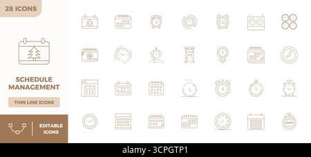 Future-ready pack of 28 vector icons themed around Schedule Management, showcasing Minimal Line design with 128x128 PIXEL perfect clarity for innovati Stock Vector