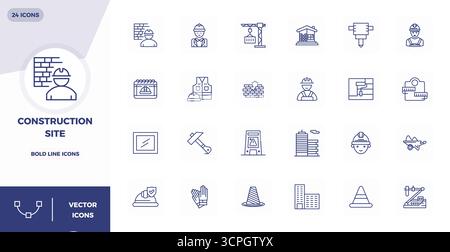 Handcrafted collection featuring 24 Bold Line vector icons for Construction Site, optimized in 128x128 PIXEL perfect resolution for premium digital ex Stock Vector