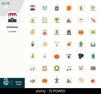 Contemporary collection of 42 vector icons representing Seasonal in Flat aesthetic, featuring 128x128 PIXEL perfect resolution for modern application Stock Vector