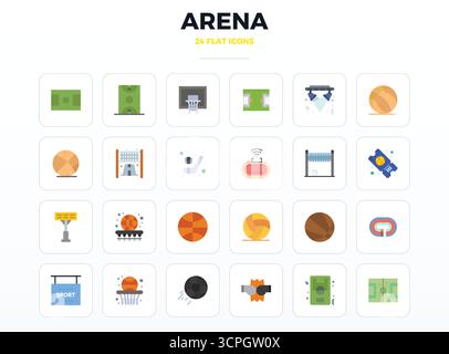 Curated pack of 24 128x128 vector icons in Minimal Flat design, centered around Arena concepts with PIXEL perfect clarity. Stock Vector