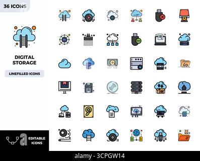 This Digital Storage vector icon pack includes 36 Flat Lineal Color designs in 128x128 PIXEL perfect format, perfect for enhancing digital interfaces. Stock Vector