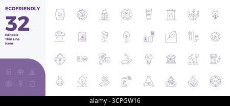A versatile set of 32 Thin Line PIXEL perfect vector icons focused on EcoFriendly, delivered in crisp 128x128 format ideal for mobile and web applicat Stock Vector