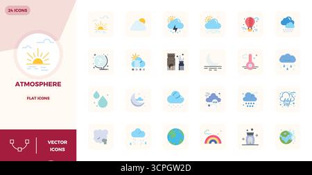 Thoughtfully designed 24 vector icons themed around Atmosphere, crafted in Flat with 128x128 PIXEL perfect precision for contemporary design needs. Stock Vector