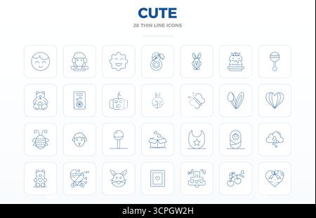 Innovative pack of 28 vector icons themed around Cute, showcasing Thin Outline design in 128x128 PIXEL perfect format for modern digital solutions. Stock Vector