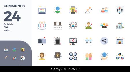 Streamlined set of 24 vector icons for Community in Flat aesthetic, featuring 128x128 PIXEL perfect resolution for seamless user experiences. Stock Vector