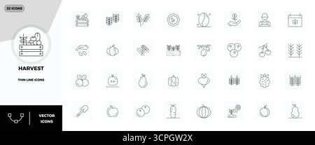 State-of-the-art bundle featuring 32 PIXEL perfect vector icons inspired by Harvest, created in Thin Line format at 128x128 for next-generation interf Stock Vector