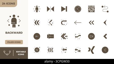This Backward vector icon pack includes 24 Filled designs in 128x128 PIXEL perfect format, perfect for enhancing digital interfaces. Stock Vector