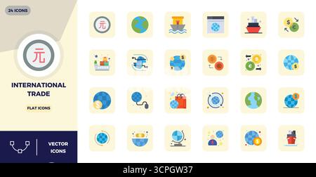 Download 24 scalable Flat vector icons designed for International Trade, featuring PIXEL perfect 128x128 resolution suitable for professional and crea Stock Vector