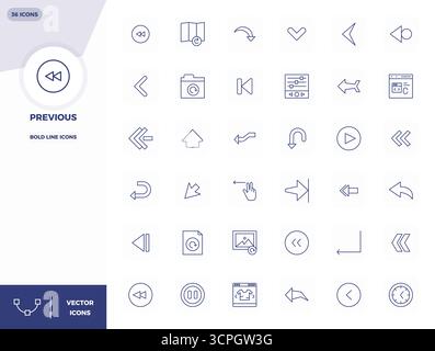 Explore 36 Bold Line PIXEL perfect vector icons in 128x128 resolution inspired by Previous. Perfect for web and app interfaces. Stock Vector