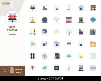 Download 36 scalable Flat vector icons designed for Data Storage, featuring PIXEL perfect 128x128 resolution suitable for professional and creative pr Stock Vector