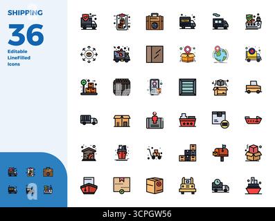 Distinctive pack of 36 PIXEL perfect vector icons inspired by Shipping, crafted in Duotone format at 128x128 for memorable brand experiences. Stock Vector