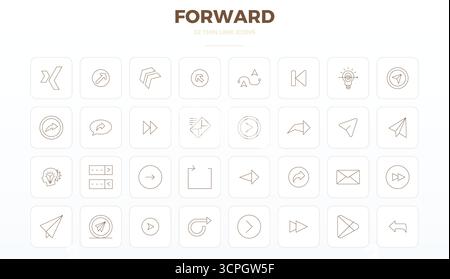 Artfully designed 32 Thin Outline PIXEL perfect vector icons for Forward, delivered in 128x128 format for consistent visual excellence. Stock Vector