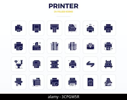 Contemporary collection of 24 vector icons representing Printer in SolidFill aesthetic, featuring 128x128 PIXEL perfect resolution for modern applicat Stock Vector