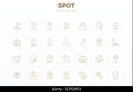 Contemporary collection of 28 vector icons representing Spot in Thin Outline aesthetic, featuring 128x128 PIXEL perfect resolution for modern applicat Stock Vector