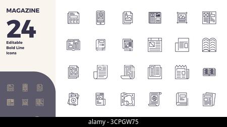 Handcrafted collection featuring 24 Bold Line vector icons for Magazine, optimized in 128x128 PIXEL perfect resolution for premium digital experiences Stock Vector