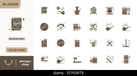 This set of 24 Filled vector icons captures Smoking themes in 128x128 PIXEL perfect quality, perfect for tech and business applications. Stock Vector