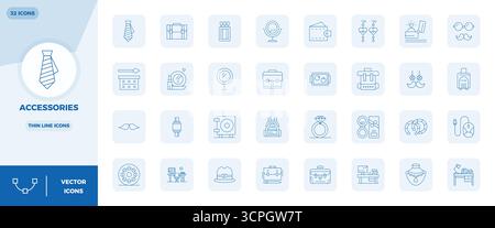Explore 32 Thin Line PIXEL perfect vector icons in 128x128 resolution inspired by Accessories. Perfect for web and app interfaces. Stock Vector