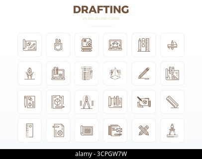 Comprehensive bundle featuring 24 vector icons in Strong Outline design for Drafting, delivered in crisp 128x128 PIXEL perfect quality. Stock Vector