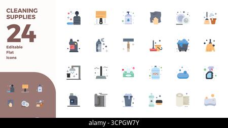 Download 24 scalable Flat vector icons designed for Cleaning Supplies, featuring PIXEL perfect 128x128 resolution suitable for professional and creati Stock Vector