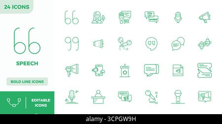 Comprehensive toolkit of 24 vector icons themed around Speech, developed in Heavy Line with 128x128 PIXEL perfect precision for versatile design appli Stock Vector