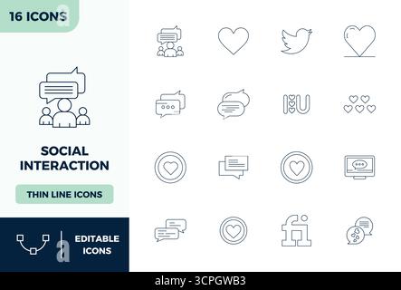 Exclusive collection of 16 Minimal Line vector icons for Social Interaction, developed with 128x128 PIXEL perfect resolution for premium brand experie Stock Vector
