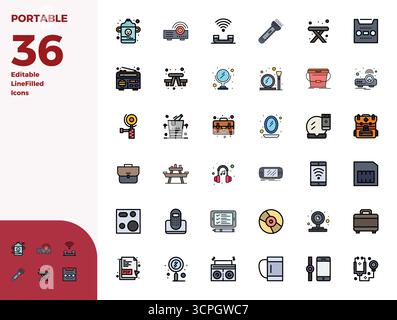 Curated pack of 36 128x128 vector icons in Duotone design, centered around Portable concepts with PIXEL perfect clarity. Stock Vector