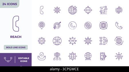 Streamlined set of 24 vector icons for Reach in Heavy Line aesthetic, featuring 128x128 PIXEL perfect resolution for seamless user experiences. Stock Vector