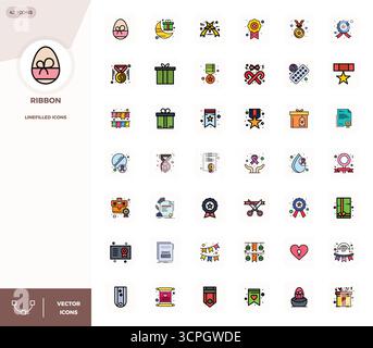 Professionally designed 42 vector icons in LineFilled, capturing the essence of Ribbon with 128x128 PIXEL perfect precision for UI design. Stock Vector