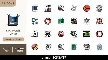 Download 24 scalable Flat Lineal Color vector icons designed for Financial Data, featuring PIXEL perfect 128x128 resolution suitable for professional Stock Vector
