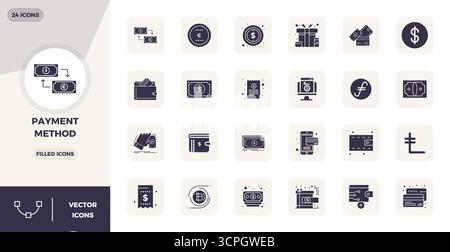 Meticulously crafted 24 Filled vector icons for Payment Method, delivered in 128x128 PIXEL perfect quality for uncompromising design standards. Stock Vector