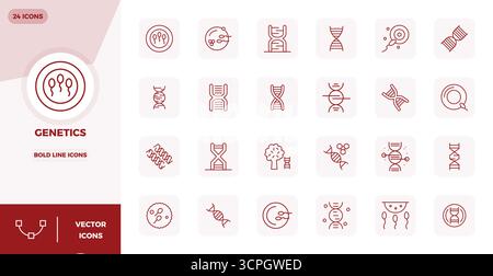Revolutionary set of 24 PIXEL perfect vector icons inspired by Genetics, created in Bold Line format at 128x128 resolution for cutting-edge design. Stock Vector
