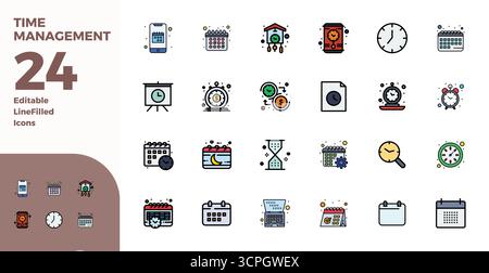 Ultimate collection of 24 vector icons representing Time Management in Duotone aesthetic, optimized with 128x128 PIXEL perfect resolution for maximum Stock Vector