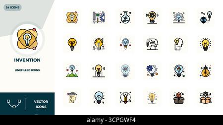 Artfully designed 24 LineFilled PIXEL perfect vector icons for Invention, delivered in 128x128 format for consistent visual excellence. Stock Vector