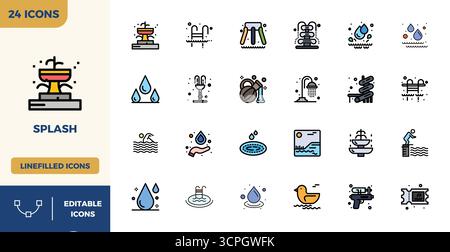 Refined bundle featuring 24 Flat Lineal Color vector icons for Splash, optimized with 128x128 PIXEL perfect quality for elegant and functional design Stock Vector