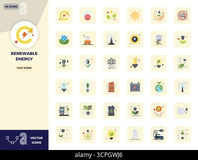 Explore 36 Flat PIXEL perfect vector icons in 128x128 resolution inspired by Renewable Energy. Perfect for web and app interfaces. Stock Vector