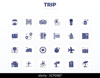 Future-ready pack of 24 vector icons themed around Trip, showcasing SolidFill design with 128x128 PIXEL perfect clarity for innovative user interfaces Stock Vector