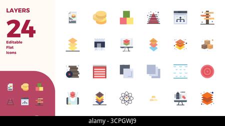 Precision-engineered 24 Flat vector icons for Layers, designed at 128x128 PIXEL perfect resolution for exceptional clarity and scalability. Stock Vector