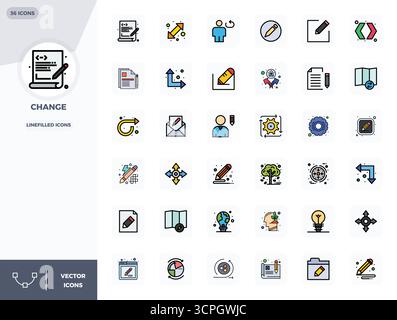 Carefully curated 36 LineFilled vector icons for Change, featuring 128x128 PIXEL perfect resolution for consistent brand representation and user exper Stock Vector