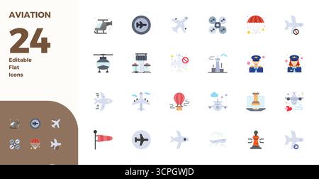 Comprehensive bundle featuring 24 vector icons in Flat design for Aviation, delivered in crisp 128x128 PIXEL perfect quality. Stock Vector