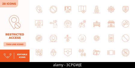 Sophisticated bundle of 28 Minimal Line vector icons for Restricted Access, engineered with 128x128 PIXEL perfect clarity for professional application Stock Vector
