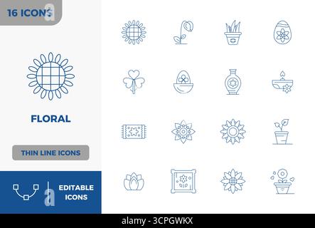 Professional-grade collection of 16 Minimal Line vector icons representing Floral, crafted with 128x128 PIXEL perfect precision for enterprise applica Stock Vector