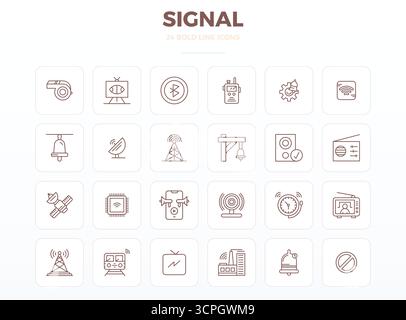 Streamlined set of 24 vector icons for Signal in Strong Outline aesthetic, featuring 128x128 PIXEL perfect resolution for seamless user experiences. Stock Vector