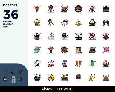 Comprehensive bundle featuring 36 vector icons in Duotone design for Dessert, delivered in crisp 128x128 PIXEL perfect quality. Stock Vector