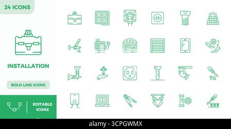 Download 24 scalable Heavy Line vector icons designed for Installation, featuring PIXEL perfect 128x128 resolution suitable for professional and creat Stock Vector