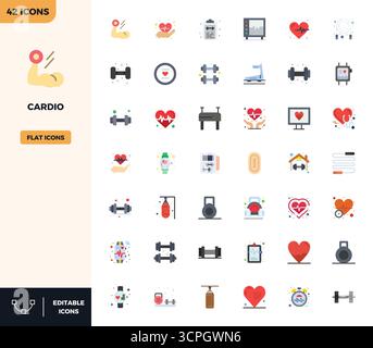 This set of 42 Flat Color vector icons captures Cardio themes in 128x128 PIXEL perfect quality, perfect for tech and business applications. Stock Vector