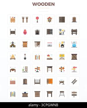 A clean collection of 42 Minimal Flat vector icons representing Wooden, designed in 128x128 PIXEL perfect format for modern dashboards and interfaces. Stock Vector
