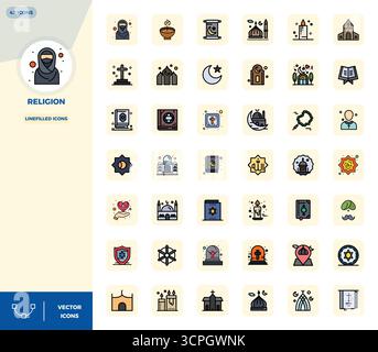 Discover a set of 42 LineFilled vector icons crafted for the Religion theme, featuring 128x128 PIXEL perfect designs ideal for modern UI/UX projects. Stock Vector